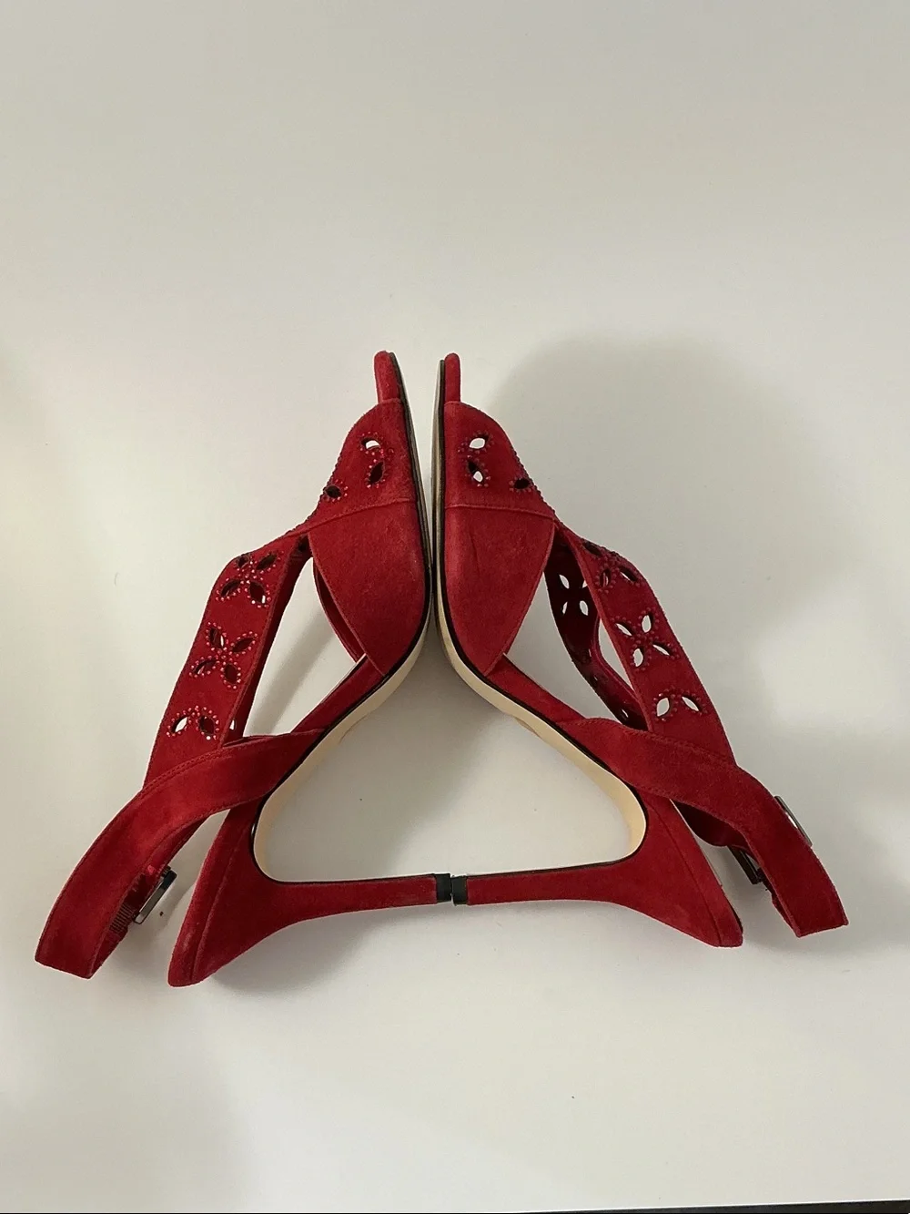 Michael Kors Red Suede Slingback Heels with Cutout & Bead Detail